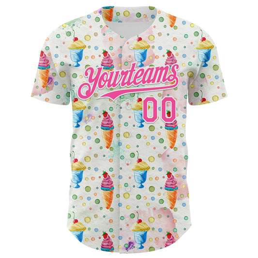 Custom White Pink 3D Pattern Design Foodie Food Dessert Ice Cream Authentic Baseball Jersey - Sky-Custom