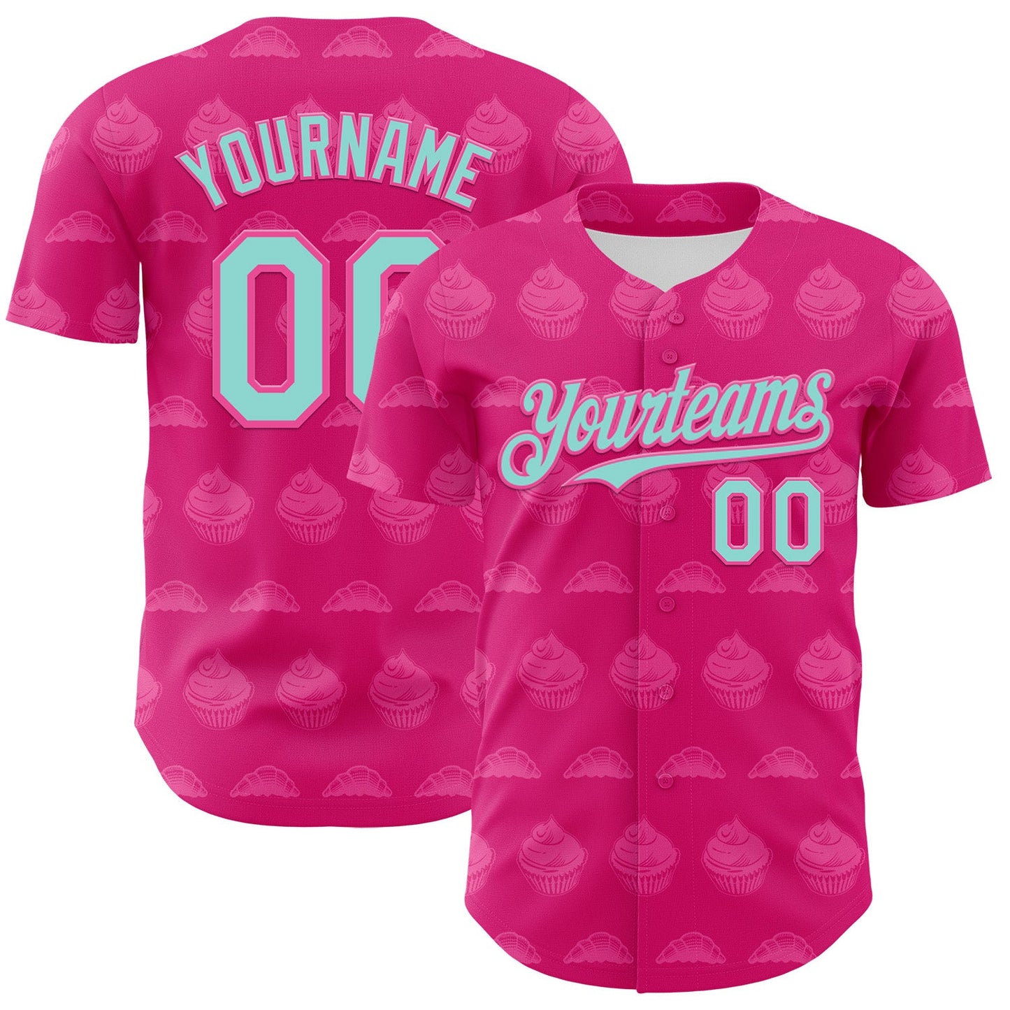 Custom Hot Pink Ice Blue-Pink 3D Pattern Design Foodie Food Dessert Cake Authentic Baseball Jersey - Sky-Custom