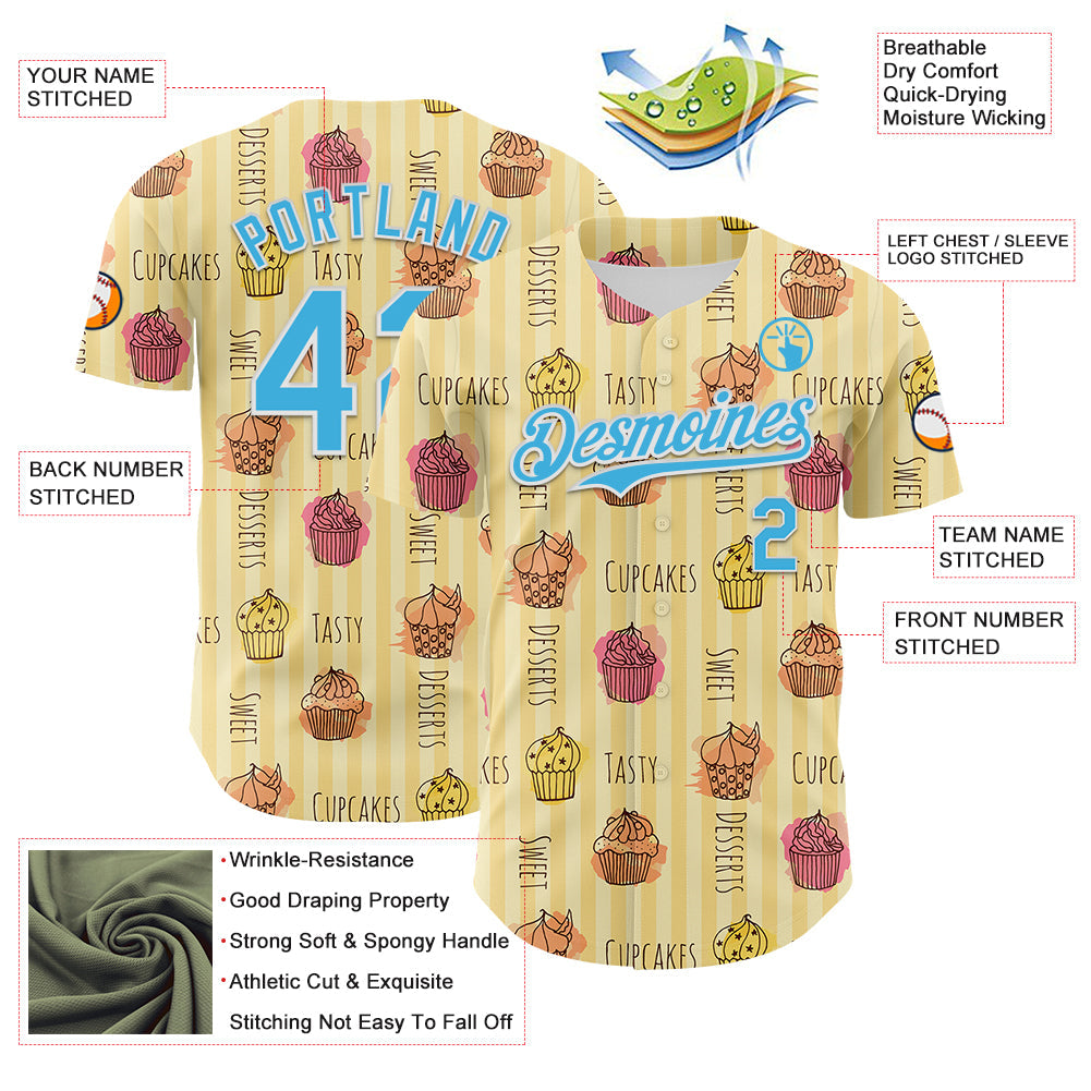 Custom Yellow Sky Blue-White 3D Pattern Design Foodie Food Dessert Cupcake Authentic Baseball Jersey - Sky-Custom