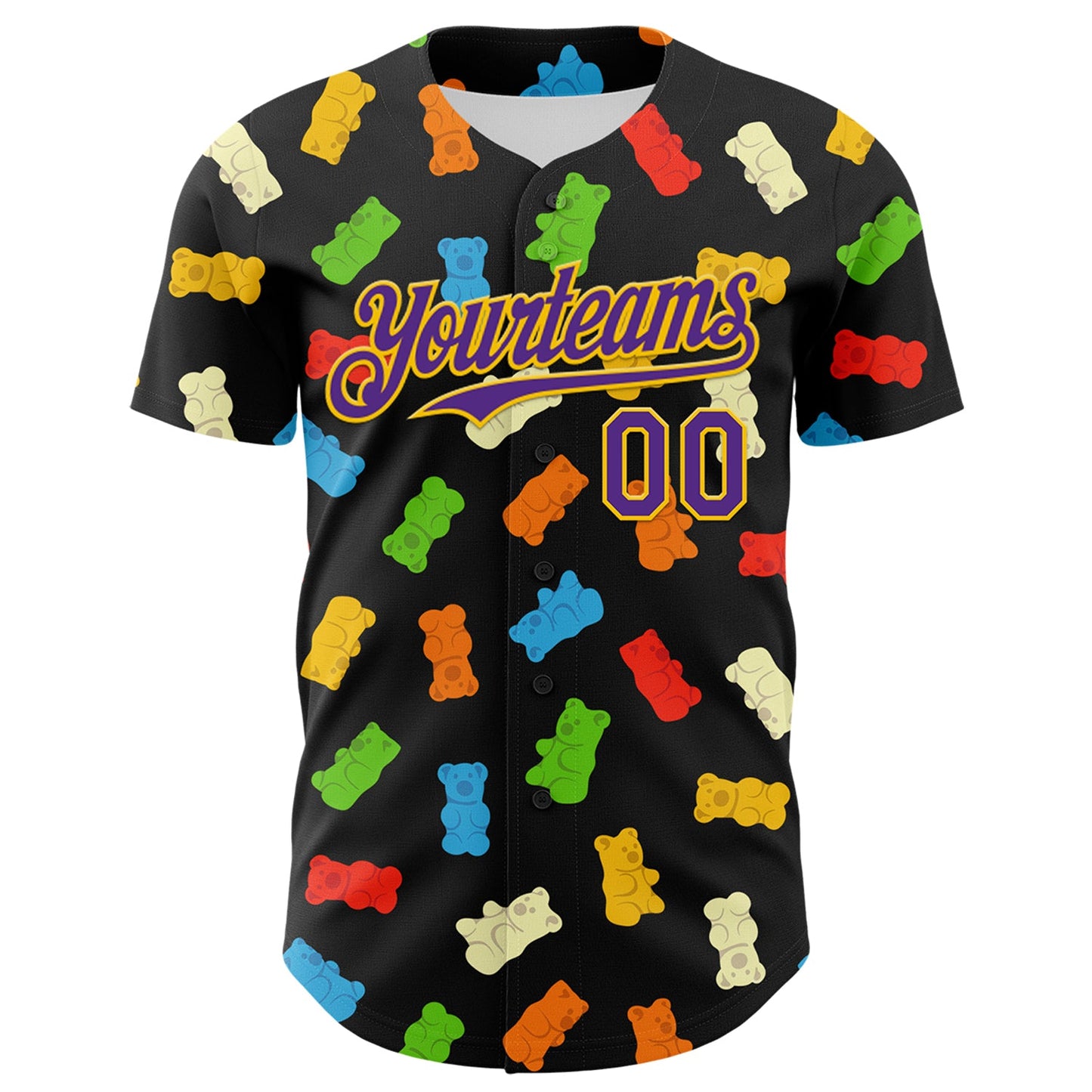 Custom Black Purple-Yellow 3D Pattern Design Foodie Food Snack Gummy Bear Authentic Baseball Jersey - Sky-Custom
