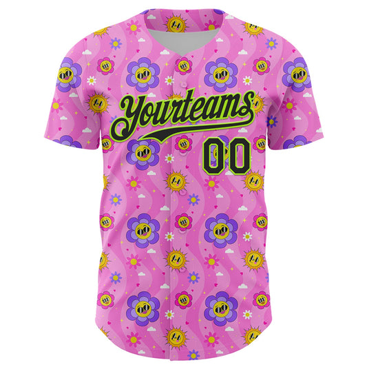 Custom Pink Black-Neon Green 3D Pattern Design Funny Cartoon Flower And Sun Authentic Baseball Jersey - Sky-Custom