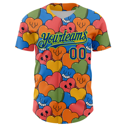 Custom White Royal-Neon Green 3D Pattern Design Funny Cartoon Heart Authentic Baseball Jersey - Sky-Custom