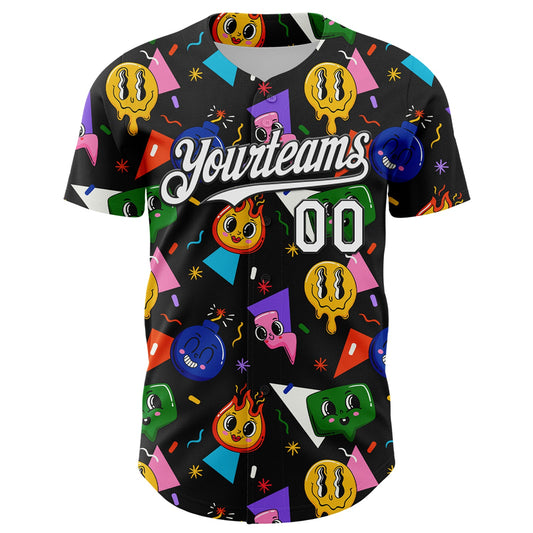 Custom Black White 3D Pattern Design Funny Cartoon Emoji Face Authentic Baseball Jersey - Sky-Custom