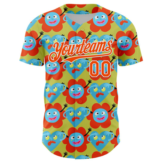 Custom Neon Yellow Orange-White 3D Pattern Design Funny Cartoon Flower And Heart Authentic Baseball Jersey - Sky-Custom