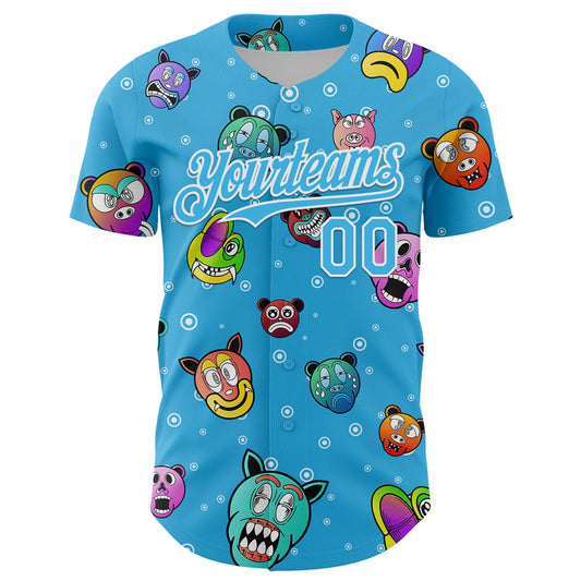 Custom Sky Blue White 3D Pattern Design Funny Cartoon Animal Authentic Baseball Jersey - Sky-Custom