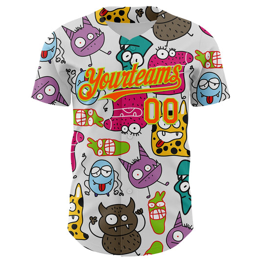 Custom White Orange-Neon Green 3D Pattern Design Funny Cartoon Monster Authentic Baseball Jersey - Sky-Custom