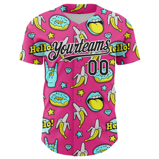 Custom Pink Black-White 3D Pattern Design Funny Cartoon Food Donut And Fruit Banana Authentic Baseball Jersey - Sky-Custom