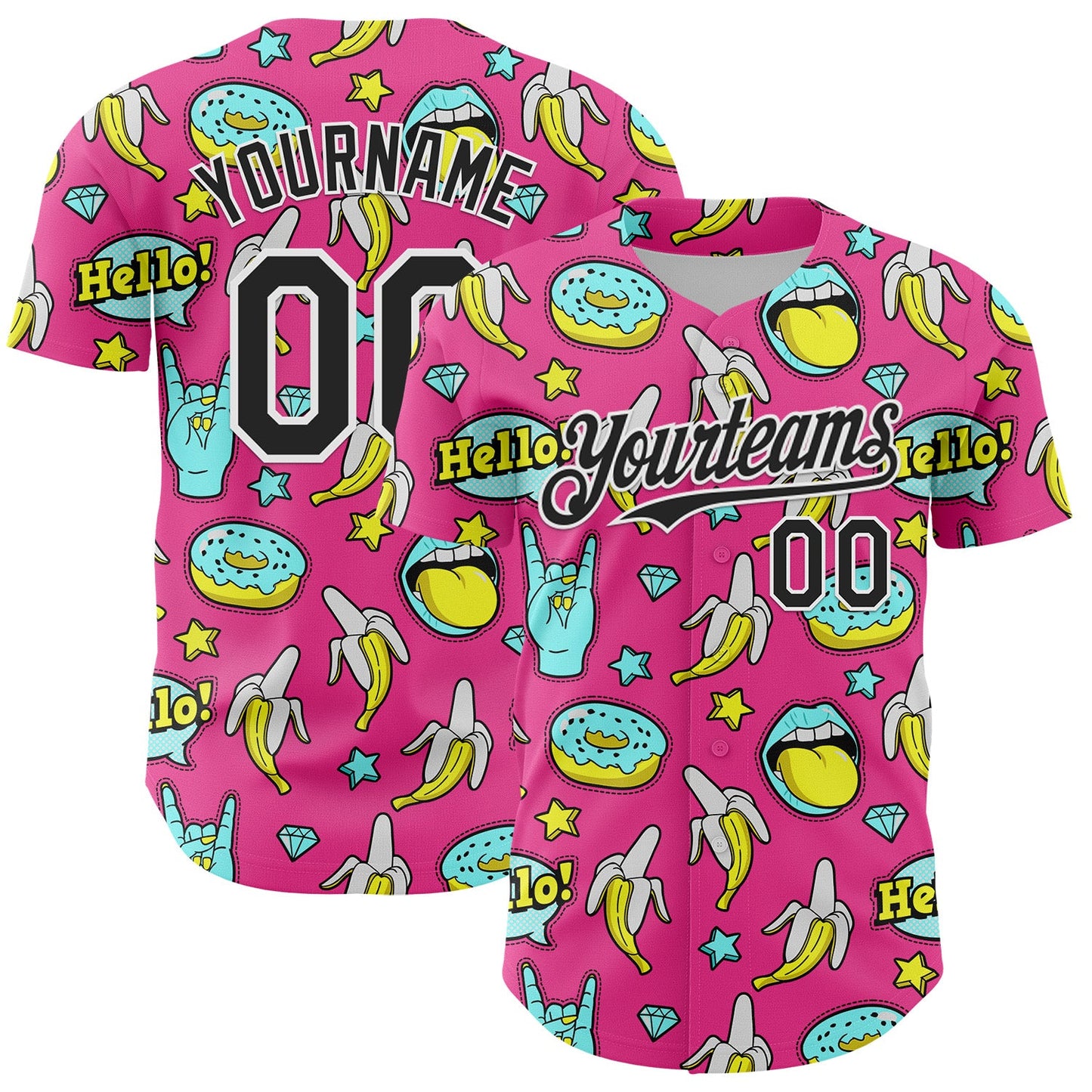 Custom Pink Black-White 3D Pattern Design Funny Cartoon Food Donut And Fruit Banana Authentic Baseball Jersey - Sky-Custom