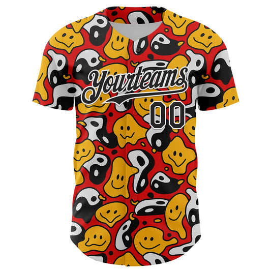Custom Red Black-White 3D Pattern Design Funny Cartoon Emoji Smile Face And Yin Yang Authentic Baseball Jersey - Sky-Custom
