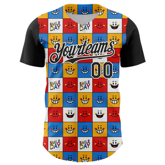 Custom White Black 3D Pattern Design Funny Cartoon Emoji Smile Face Authentic Baseball Jersey - Sky-Custom