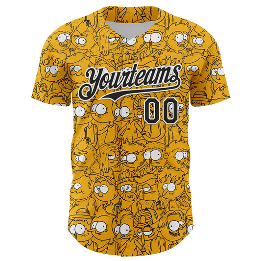 Custom Gold Black-White 3D Pattern Design Funny Cartoon People Authentic Baseball Jersey - Sky-Custom
