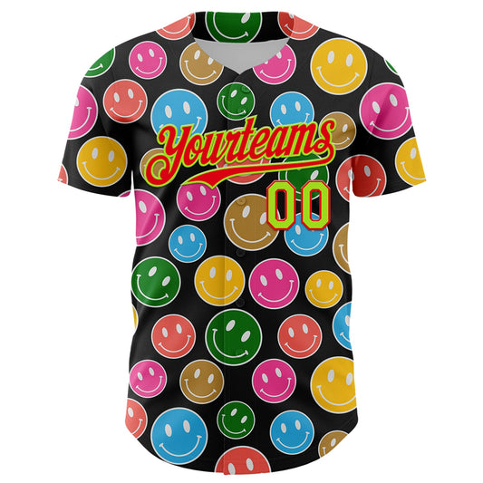Custom Black Neon Green-Fire Red 3D Pattern Design Funny Cartoon Emoji Smile Face Authentic Baseball Jersey - Sky-Custom