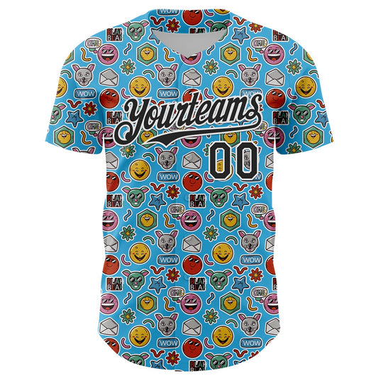 Custom Sky Blue Black-White 3D Pattern Design Funny Cartoon Emoji Authentic Baseball Jersey - Sky-Custom