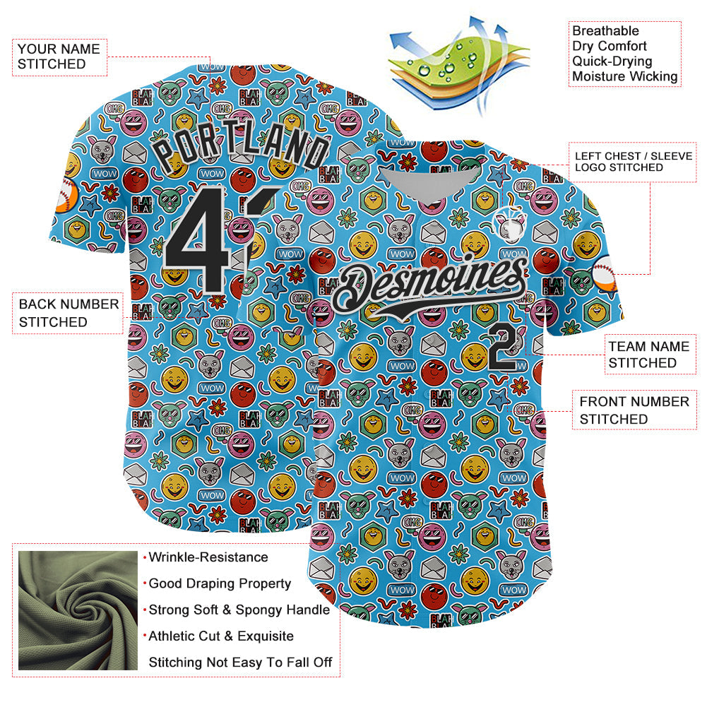 Custom Sky Blue Black-White 3D Pattern Design Funny Cartoon Emoji Authentic Baseball Jersey - Sky-Custom