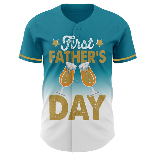 Custom Teal Old Gold-White 3D Pattern Design Father's Day Beer Lover Fade Authentic Baseball Jersey - Sky-Custom
