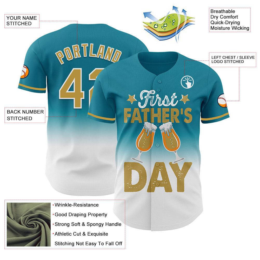Custom Teal Old Gold-White 3D Pattern Design Father's Day Beer Lover Fade Authentic Baseball Jersey - Sky-Custom