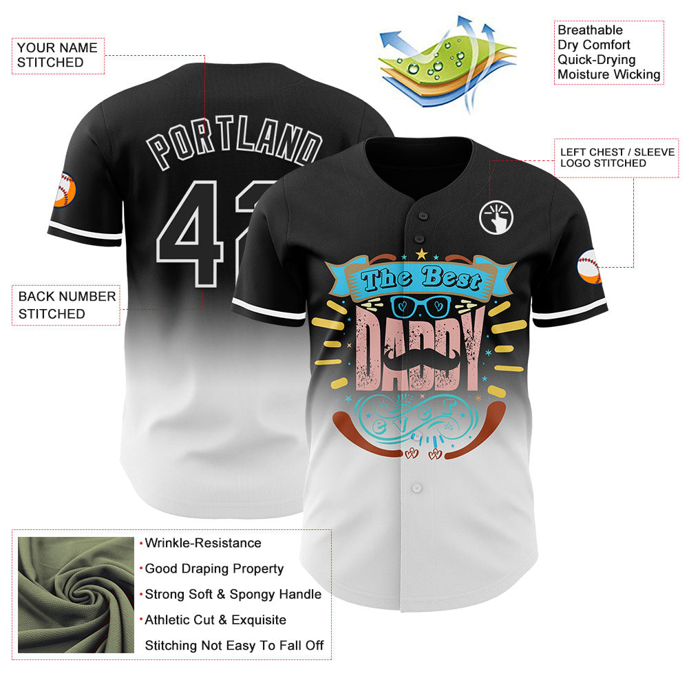 Custom Black White 3D Pattern Design Father's Day Fade Authentic Baseball Jersey - Sky-Custom