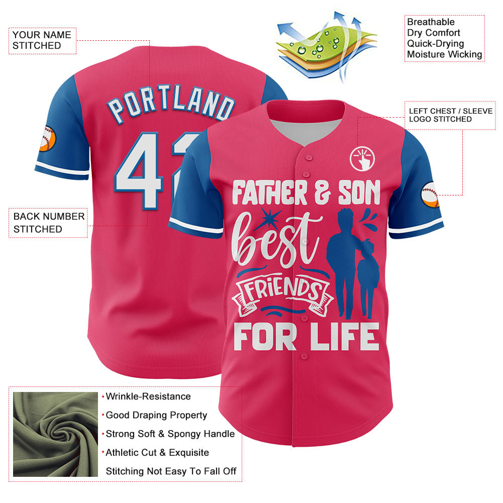 Custom Neon Pink White-Blue 3D Pattern Design Father's Day Family Love Authentic Baseball Jersey - Sky-Custom