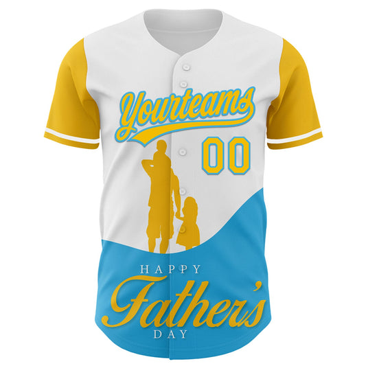 Custom White Yellow-Sky Blue 3D Pattern Design Father's Day Family Love Authentic Baseball Jersey - Sky-Custom