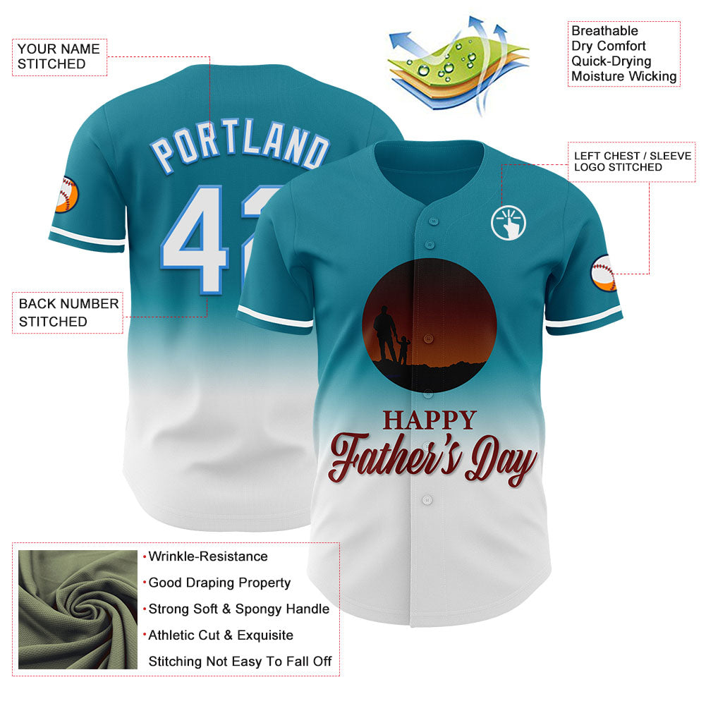 Custom Teal White-Electric Blue 3D Pattern Design Father's Day Family Love Fade Authentic Baseball Jersey - Sky-Custom