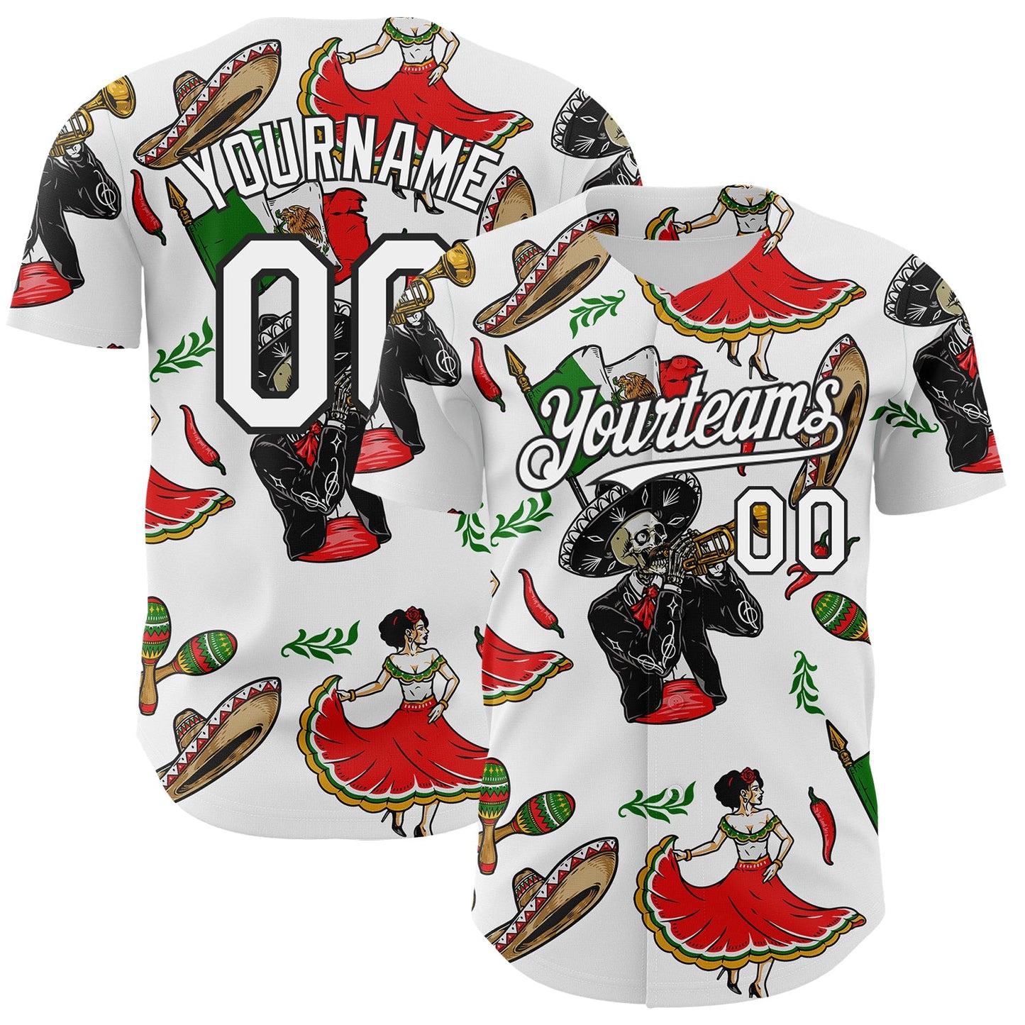 Custom White Black 3D Mexican Festival Skull Cinco de Mayo Authentic Baseball Jersey - Sky-Custom