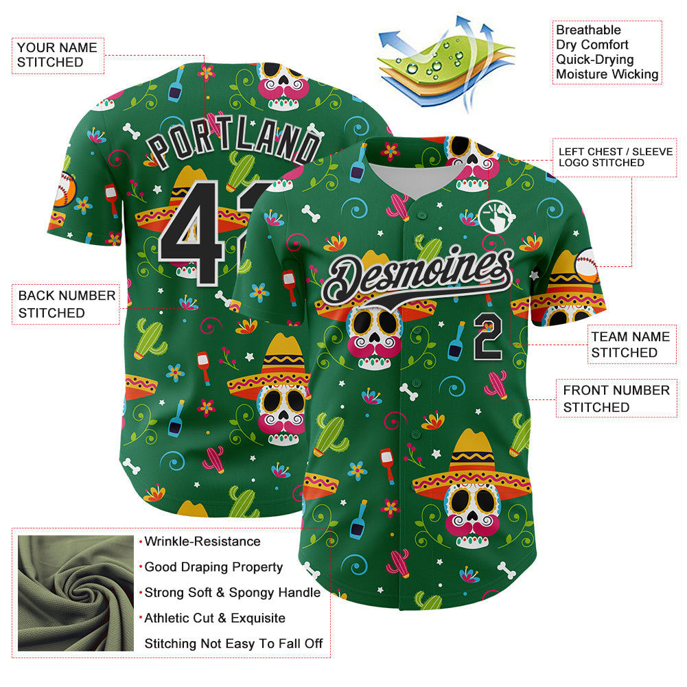 Custom Kelly Green Black-White 3D Mexican Festival Flower Skull With Sombrero Cinco de Mayo Authentic Baseball Jersey - Sky-Custom
