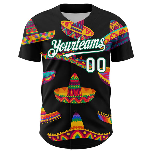 Custom Black White-Kelly Green 3D Mexican Festival Sombrero Cinco de Mayo Authentic Baseball Jersey - Sky-Custom