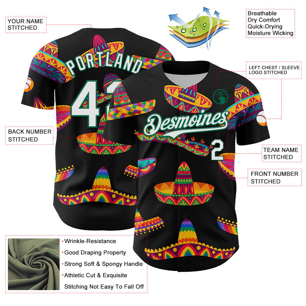 Custom Black White-Kelly Green 3D Mexican Festival Sombrero Cinco de Mayo Authentic Baseball Jersey - Sky-Custom