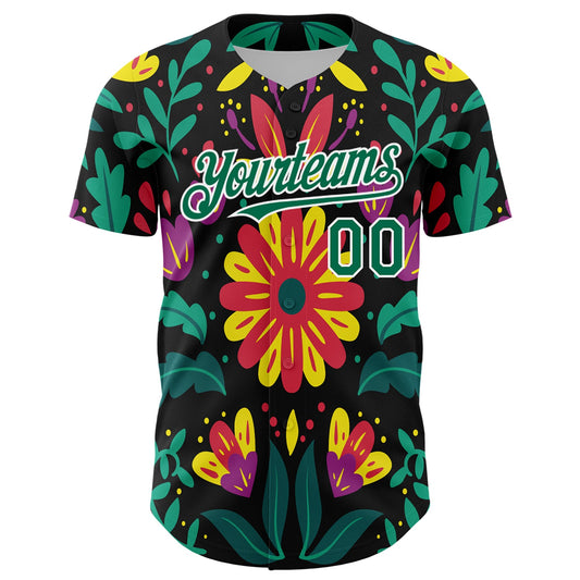 Custom Black Kelly Green-White 3D Mexican Festival Flower Cinco de Mayo Authentic Baseball Jersey - Sky-Custom