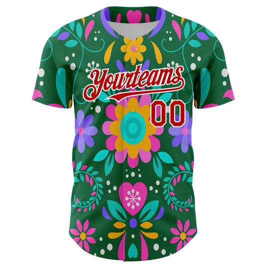 Custom Kelly Green Red-White 3D Mexican Festival Flower Cinco de Mayo Authentic Baseball Jersey - Sky-Custom