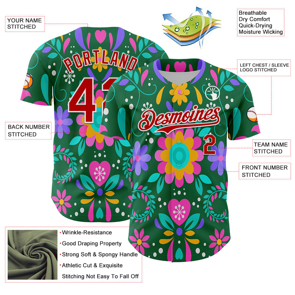 Custom Kelly Green Red-White 3D Mexican Festival Flower Cinco de Mayo Authentic Baseball Jersey - Sky-Custom
