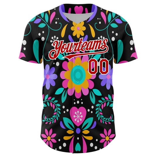 Custom Black Red-White 3D Mexican Festival Flower Cinco de Mayo Authentic Baseball Jersey - Sky-Custom