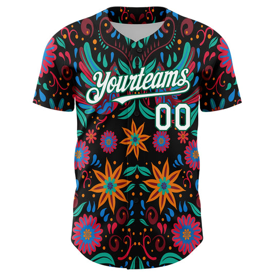 Custom Black White-Kelly Green 3D Mexican Festival Flower Cinco de Mayo Authentic Baseball Jersey - Sky-Custom