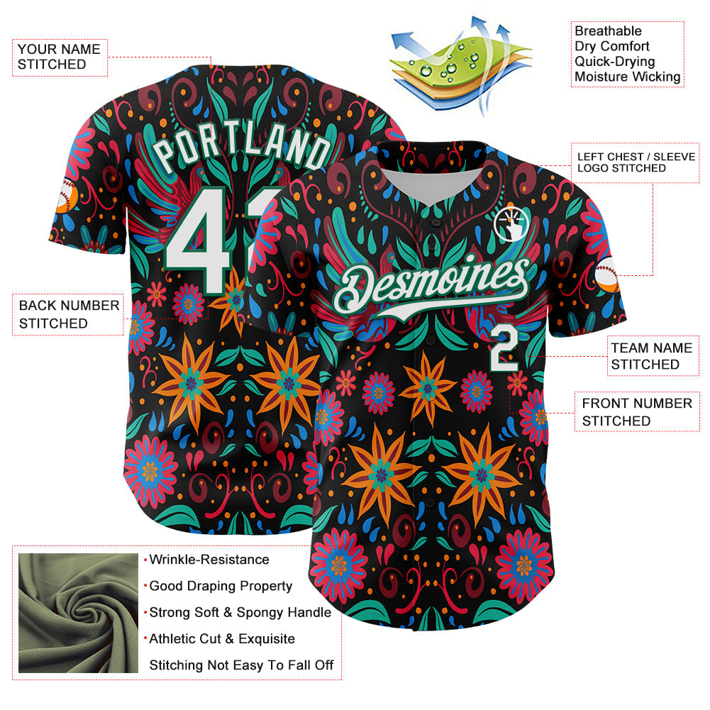 Custom Black White-Kelly Green 3D Mexican Festival Flower Cinco de Mayo Authentic Baseball Jersey - Sky-Custom