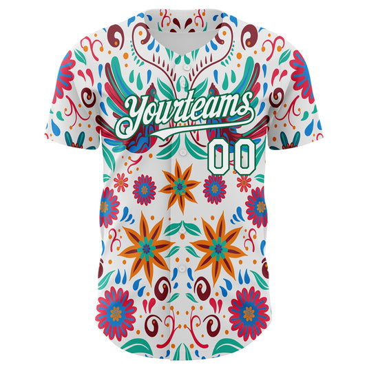 Custom White Kelly Green 3D Mexican Festival Flower Cinco de Mayo Authentic Baseball Jersey - Sky-Custom