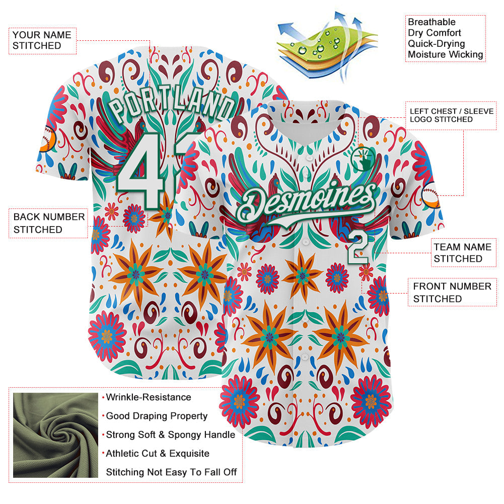 Custom White Kelly Green 3D Mexican Festival Flower Cinco de Mayo Authentic Baseball Jersey - Sky-Custom