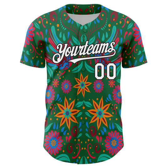 Custom Kelly Green White-Black 3D Mexican Festival Flower Cinco de Mayo Authentic Baseball Jersey - Sky-Custom