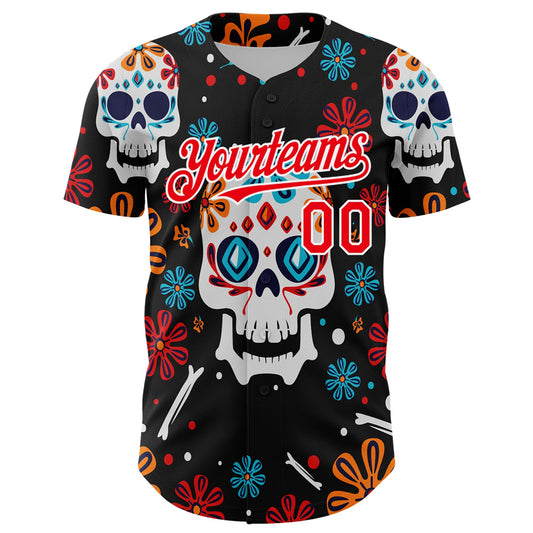 Custom Kelly Green Fire Red-White 3D Mexican Festival Flower And Skull Cinco de Mayo Authentic Baseball Jersey - Sky-Custom