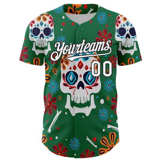 Custom Kelly Green White-Black 3D Mexican Festival Flower And Skull Cinco de Mayo Authentic Baseball Jersey - Sky-Custom