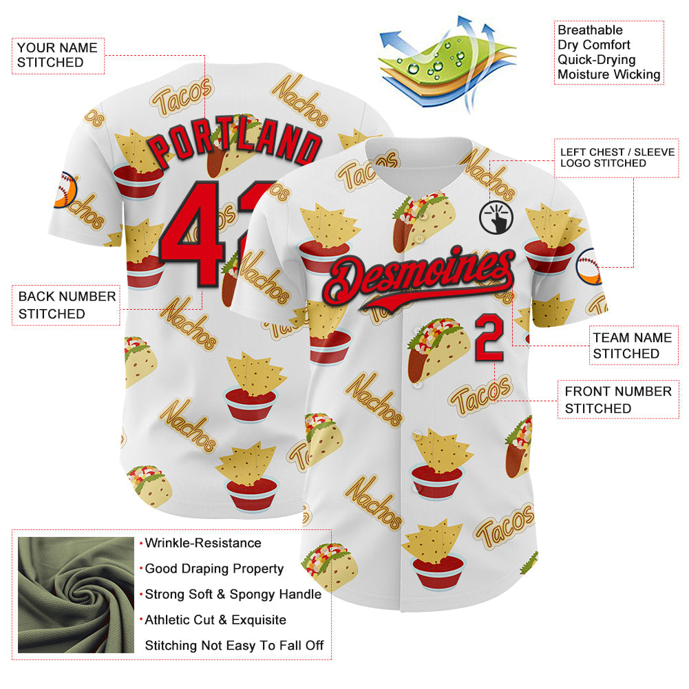 Custom White Fire Red-Black 3D Mexican Festival Taco Cinco de Mayo Authentic Baseball Jersey - Sky-Custom
