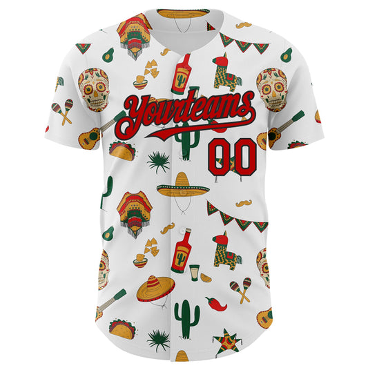 Custom White Red-Black 3D Mexican Festival Cactus Skull Sombrero Cinco de Mayo Authentic Baseball Jersey - Sky-Custom