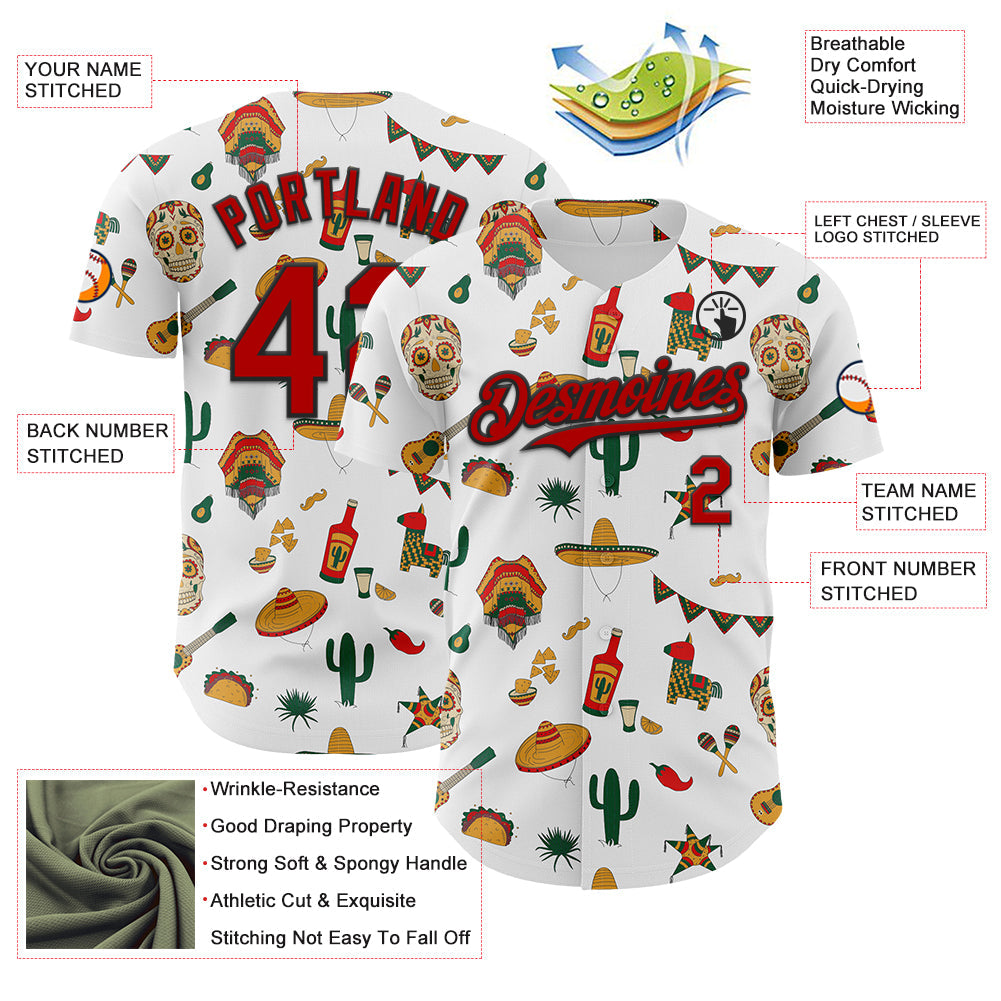Custom White Red-Black 3D Mexican Festival Cactus Skull Sombrero Cinco de Mayo Authentic Baseball Jersey - Sky-Custom