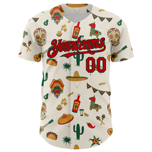 Custom Cream Red-Black 3D Mexican Festival Cactus Skull Sombrero Cinco de Mayo Authentic Baseball Jersey - Sky-Custom