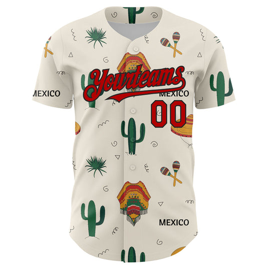 Custom Cream Red-Black 3D Mexican Festival Cactus And Sombrero Cinco de Mayo Authentic Baseball Jersey - Sky-Custom