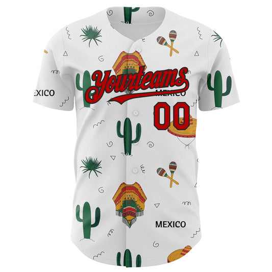Custom White Red-Black 3D Mexican Festival Cactus And Sombrero Cinco de Mayo Authentic Baseball Jersey - Sky-Custom