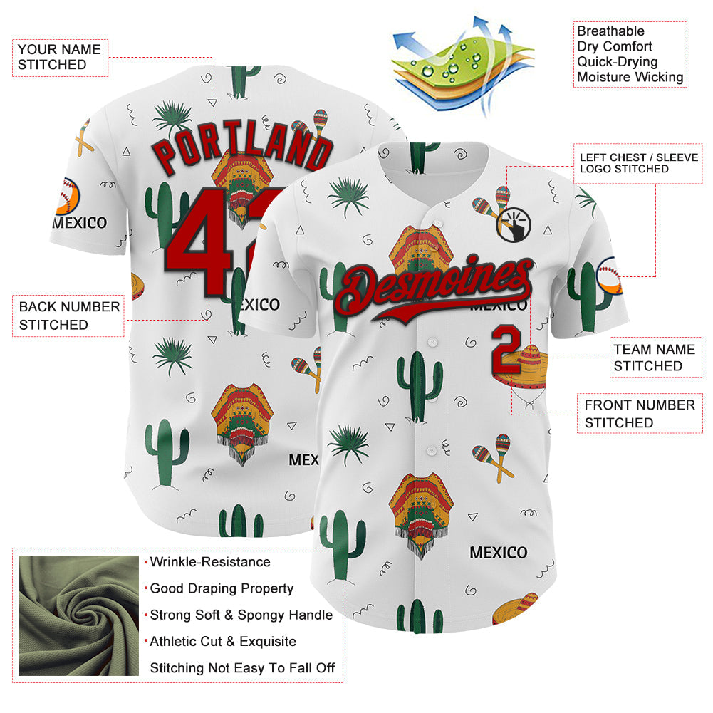 Custom White Red-Black 3D Mexican Festival Cactus And Sombrero Cinco de Mayo Authentic Baseball Jersey - Sky-Custom