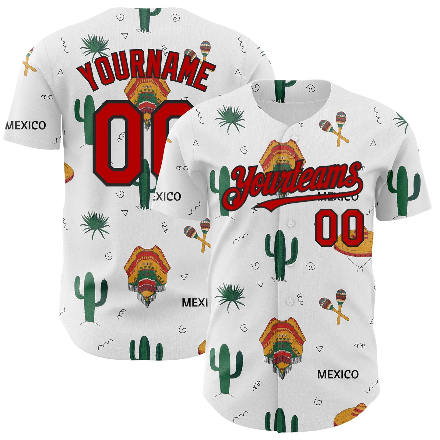 Custom White Red-Black 3D Mexican Festival Cactus And Sombrero Cinco de Mayo Authentic Baseball Jersey - Sky-Custom