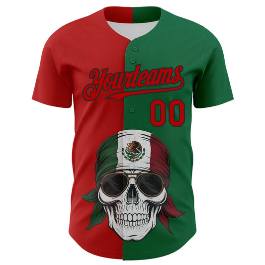 Custom Green Red-Black 3D Mexican Flag Skull Authentic Baseball Jersey - Sky-Custom