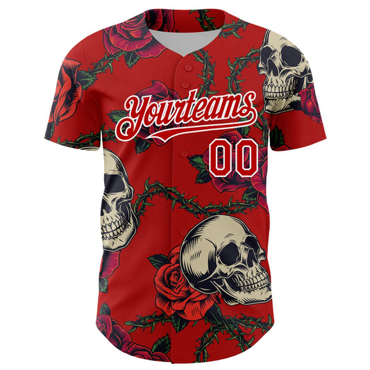 Custom Red White 3D Mexican Festival Skull And Flower Cinco de Mayo Authentic Baseball Jersey - Sky-Custom
