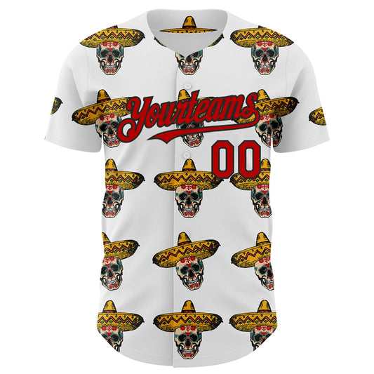 Custom White Red-Black 3D Mexican Festival Skull With Sombrero Cinco de Mayo Authentic Baseball Jersey - Sky-Custom